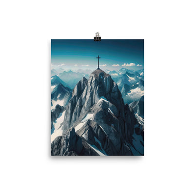 Foto der Alpen mit Gipfelkreuz an einem klaren Tag, schneebedeckte Spitzen vor blauem Himmel - Poster berge xxx yyy zzz 20.3 x 25.4 cm