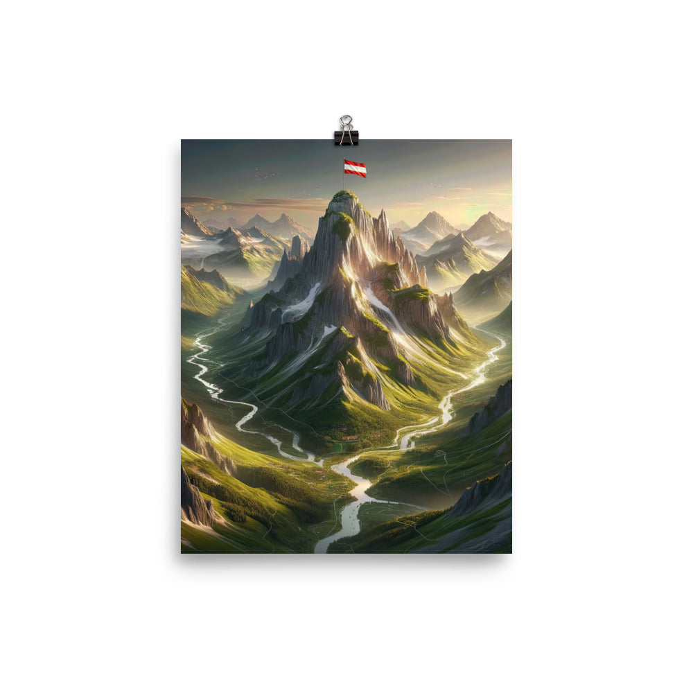 Fotorealistisches Bild der Alpen mit österreichischer Flagge, scharfen Gipfeln und grünen Tälern - Poster berge xxx yyy zzz 20.3 x 25.4 cm