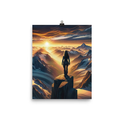 Fotorealistische Darstellung der Alpen bei Sonnenaufgang, Wanderin unter einem gold-purpurnen Himmel - Poster wandern xxx yyy zzz 20.3 x 25.4 cm