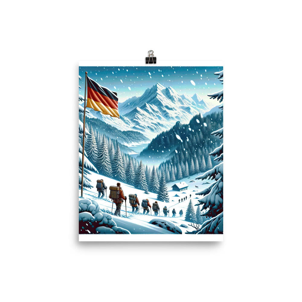 Quadratische Winterillustration der Alpen mit deutscher Flagge und Wanderteam - Poster wandern xxx yyy zzz 20.3 x 25.4 cm