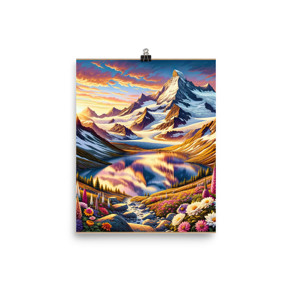 Quadratische Illustration der Alpen mit schneebedeckten Gipfeln und Wildblumen - Poster berge xxx yyy zzz 20.3 x 25.4 cm