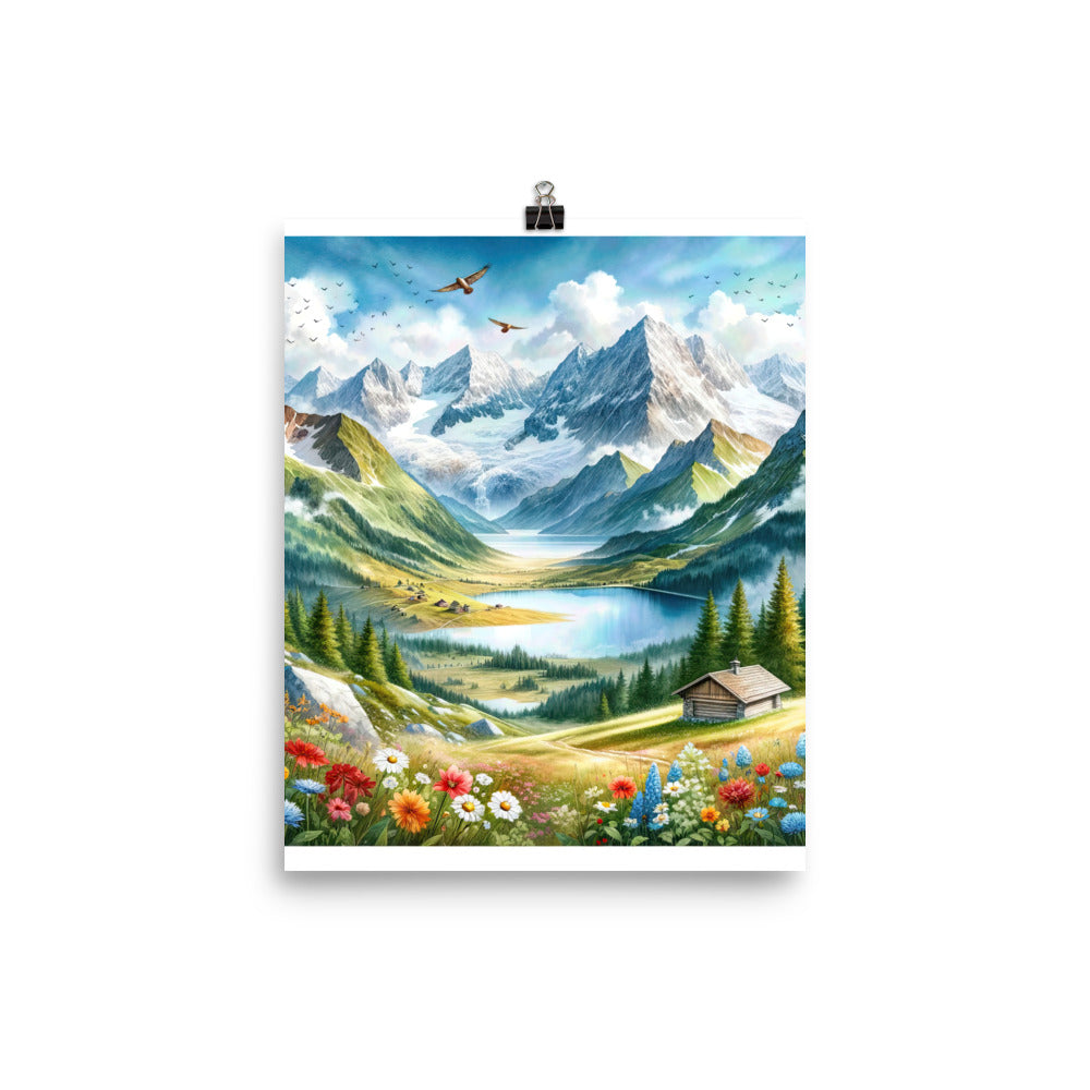 Quadratisches Aquarell der Alpen, Berge mit schneebedeckten Spitzen - Poster berge xxx yyy zzz 20.3 x 25.4 cm