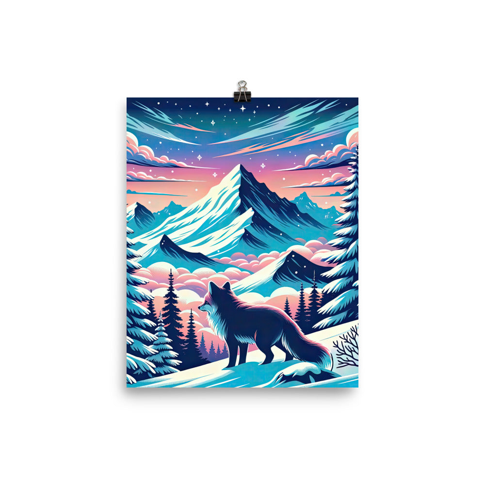 Vektorgrafik eines alpinen Winterwunderlandes mit schneebedeckten Kiefern und einem Fuchs - Poster camping xxx yyy zzz 20.3 x 25.4 cm