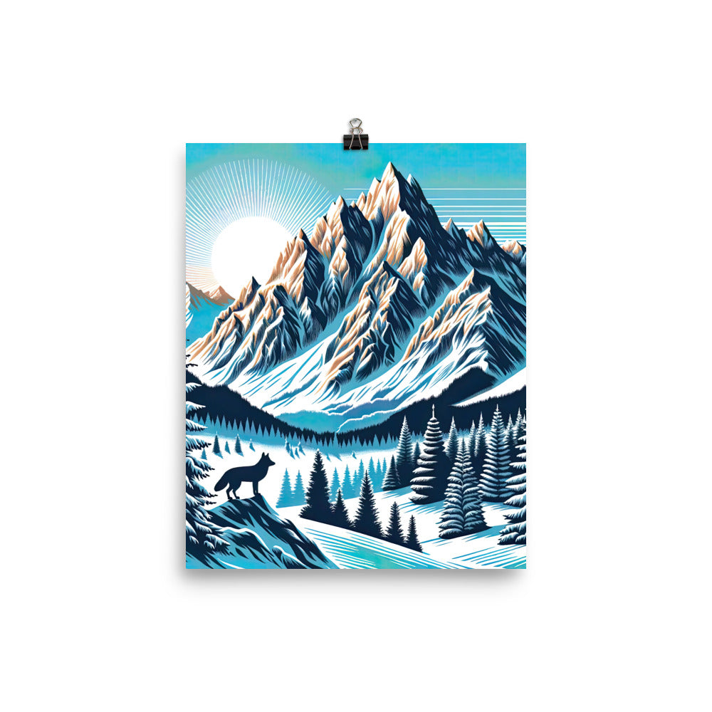 Vektorgrafik eines Wolfes im winterlichen Alpenmorgen, Berge mit Schnee- und Felsmustern - Poster berge xxx yyy zzz 20.3 x 25.4 cm