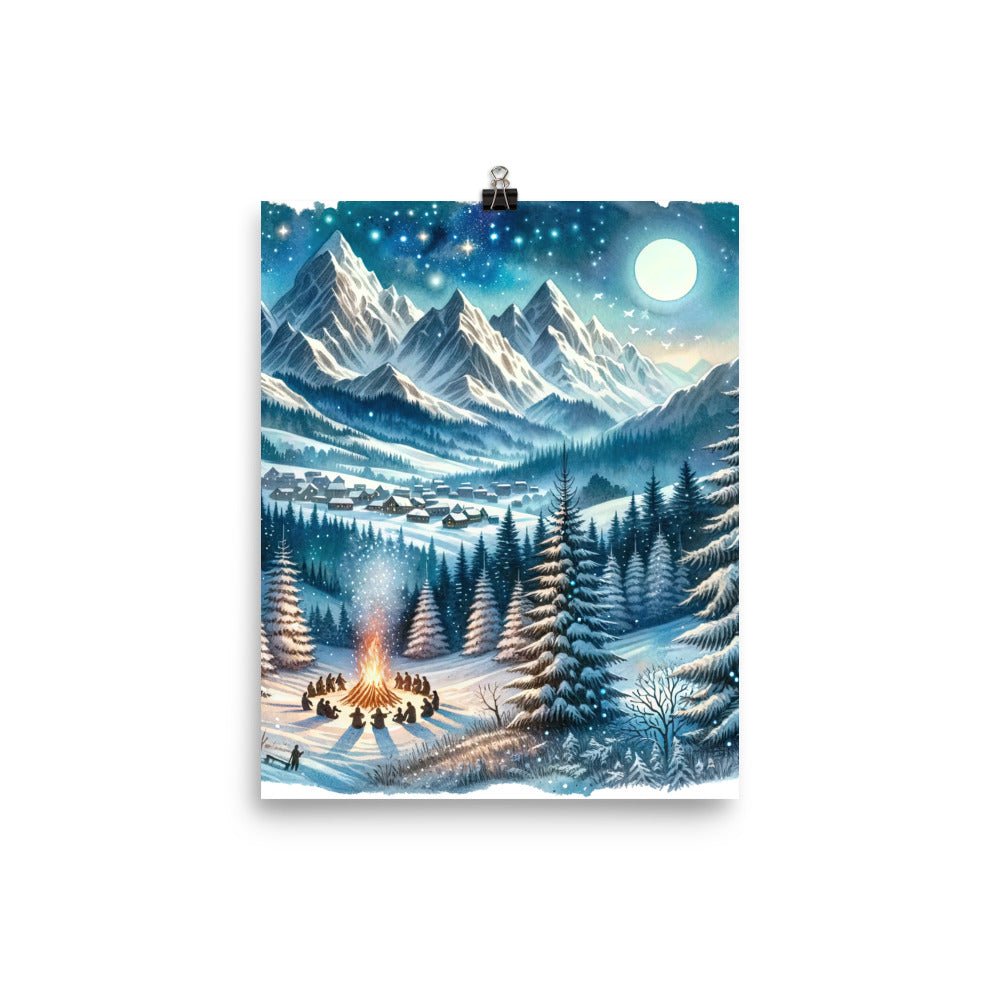 Aquarell eines Winterabends in den Alpen mit Lagerfeuer und Wanderern, glitzernder Neuschnee - Poster camping xxx yyy zzz 20.3 x 25.4 cm