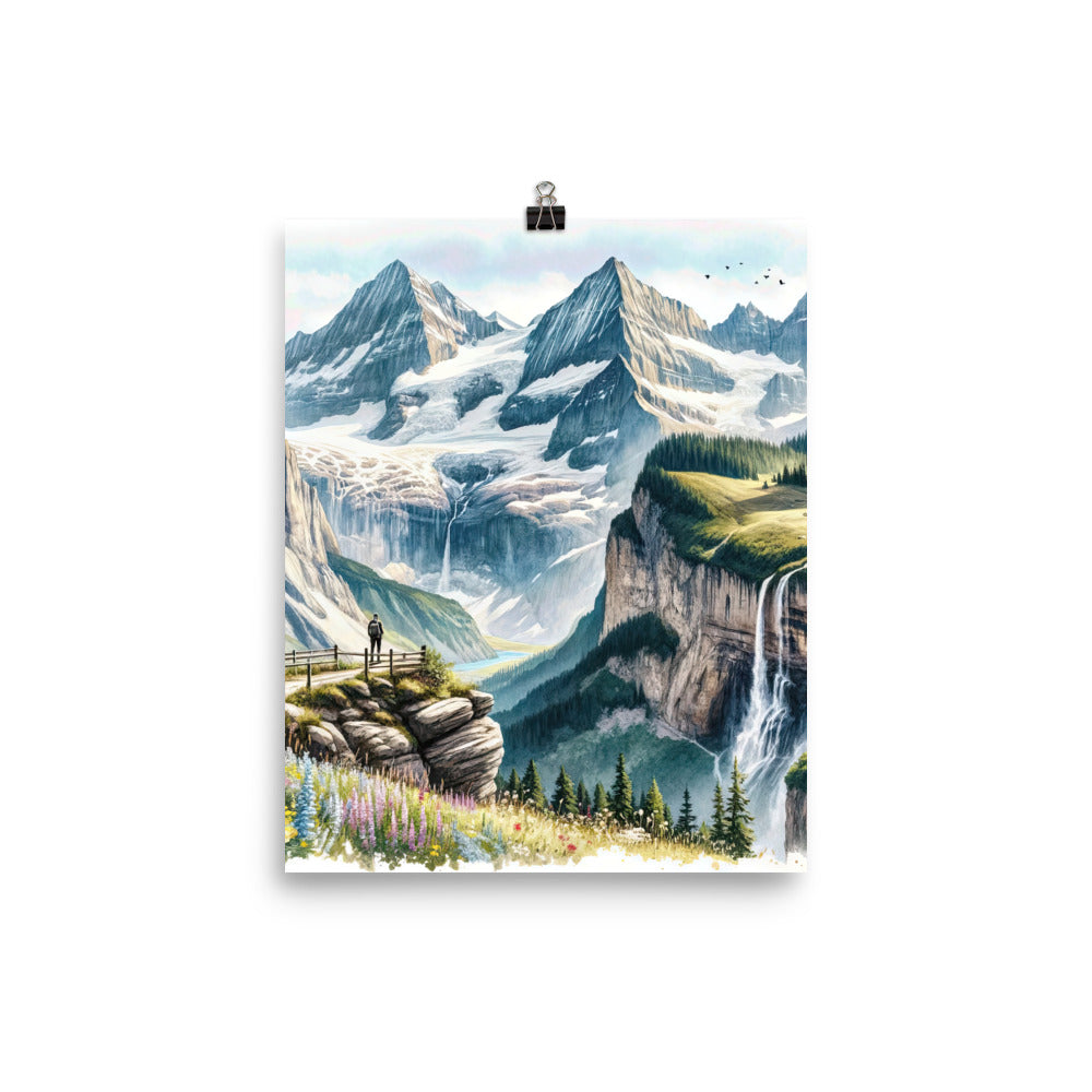 Aquarell-Panoramablick der Alpen mit schneebedeckten Gipfeln, Wasserfällen und Wanderern - Poster wandern xxx yyy zzz 20.3 x 25.4 cm