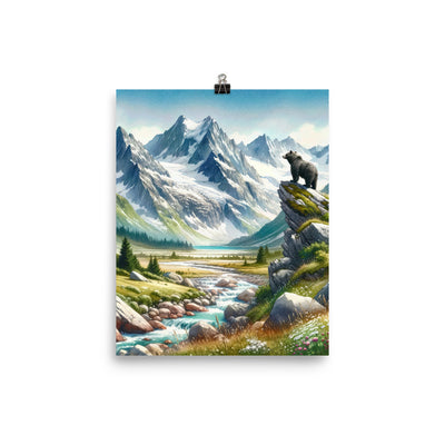 Aquarellmalerei eines Bären und der sommerlichen Alpenschönheit mit schneebedeckten Ketten - Poster camping xxx yyy zzz 20.3 x 25.4 cm