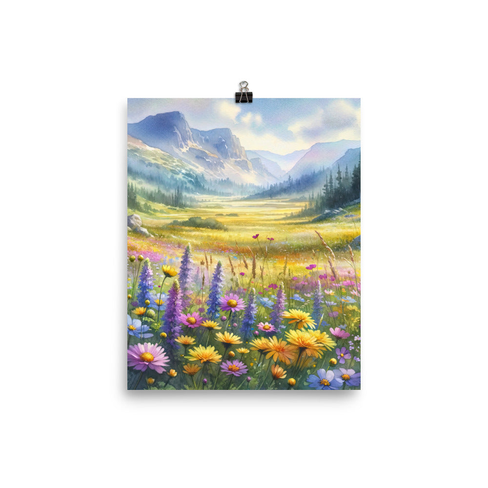 Aquarell einer Almwiese in Ruhe, Wildblumenteppich in Gelb, Lila, Rosa - Poster berge xxx yyy zzz 20.3 x 25.4 cm
