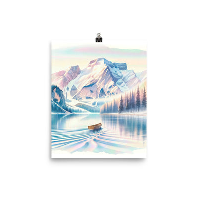 Aquarell eines klaren Alpenmorgens, Boot auf Bergsee in Pastelltönen - Poster berge xxx yyy zzz 20.3 x 25.4 cm