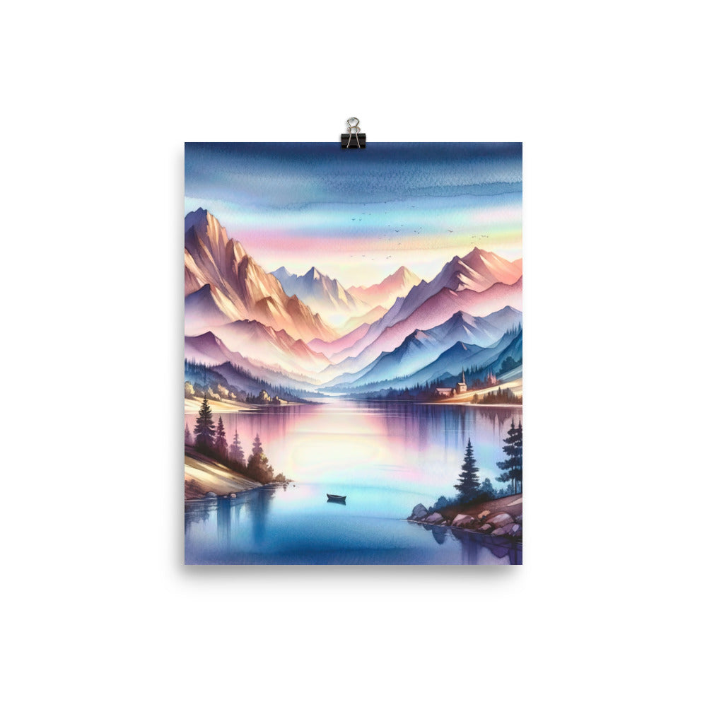 Aquarell einer Dämmerung in den Alpen, Boot auf einem See in Pastell-Licht - Poster berge xxx yyy zzz 20.3 x 25.4 cm