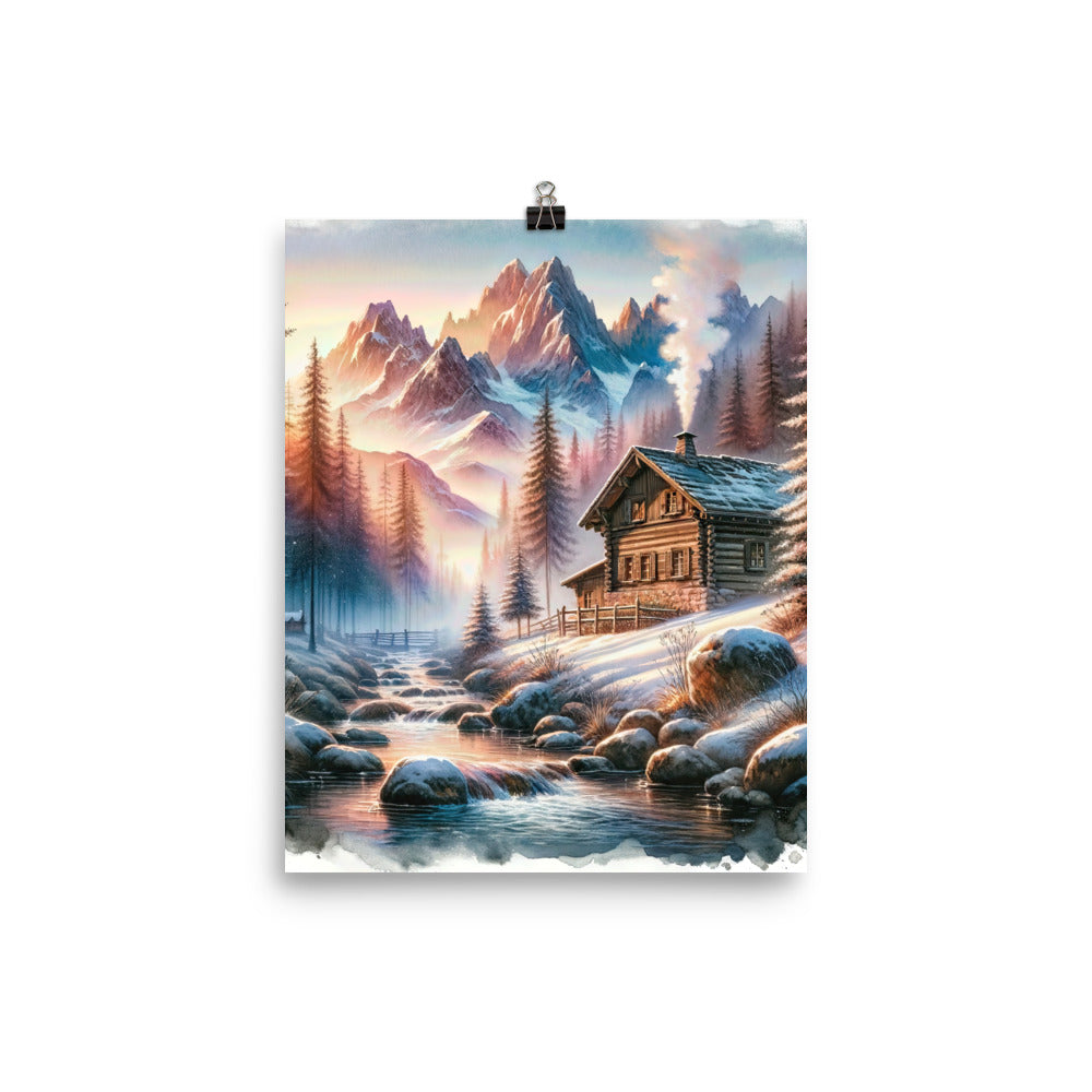 Aquarell einer Alpenszene im Morgengrauen, Haus in den Bergen - Poster berge xxx yyy zzz 20.3 x 25.4 cm