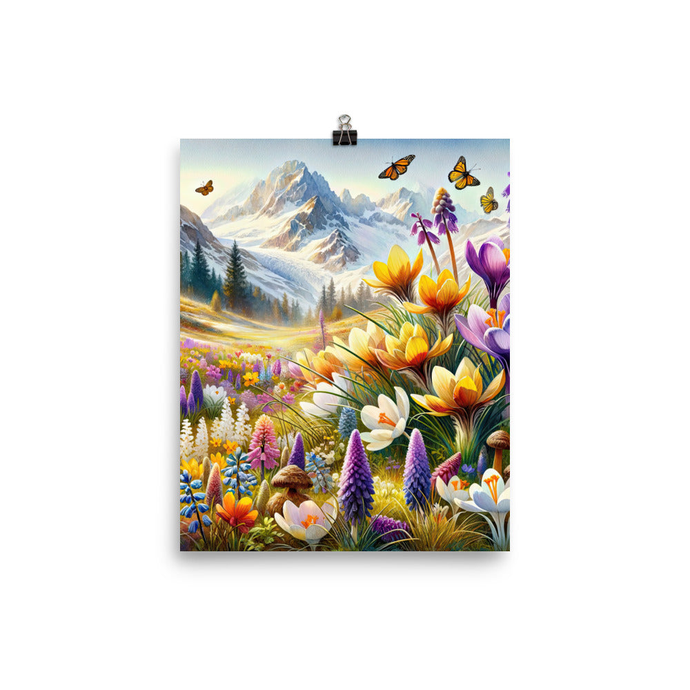 Aquarell einer ruhigen Almwiese, farbenfrohe Bergblumen in den Alpen - Poster berge xxx yyy zzz 20.3 x 25.4 cm