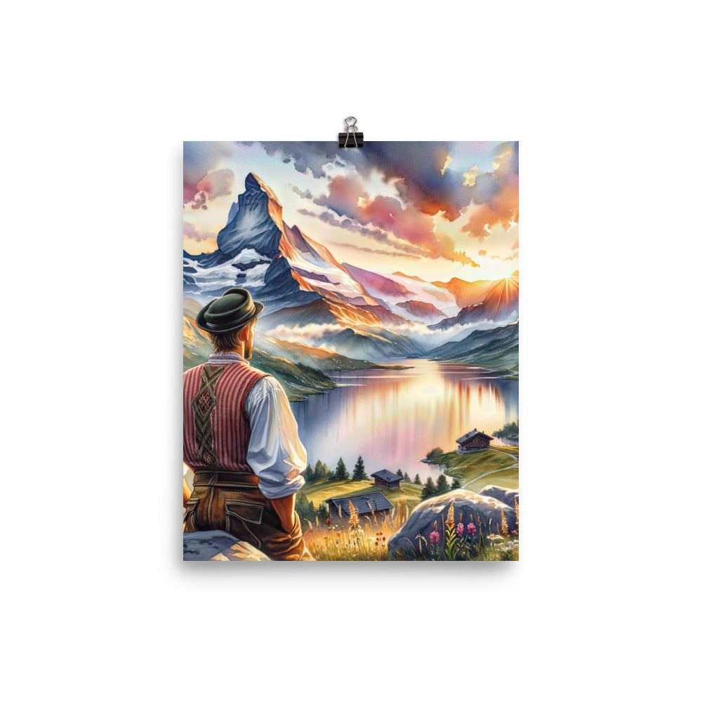 Aquarell einer Berglandschaft in der goldenen Stunde mit österreichischem Wanderer - Poster wandern xxx yyy zzz 20.3 x 25.4 cm