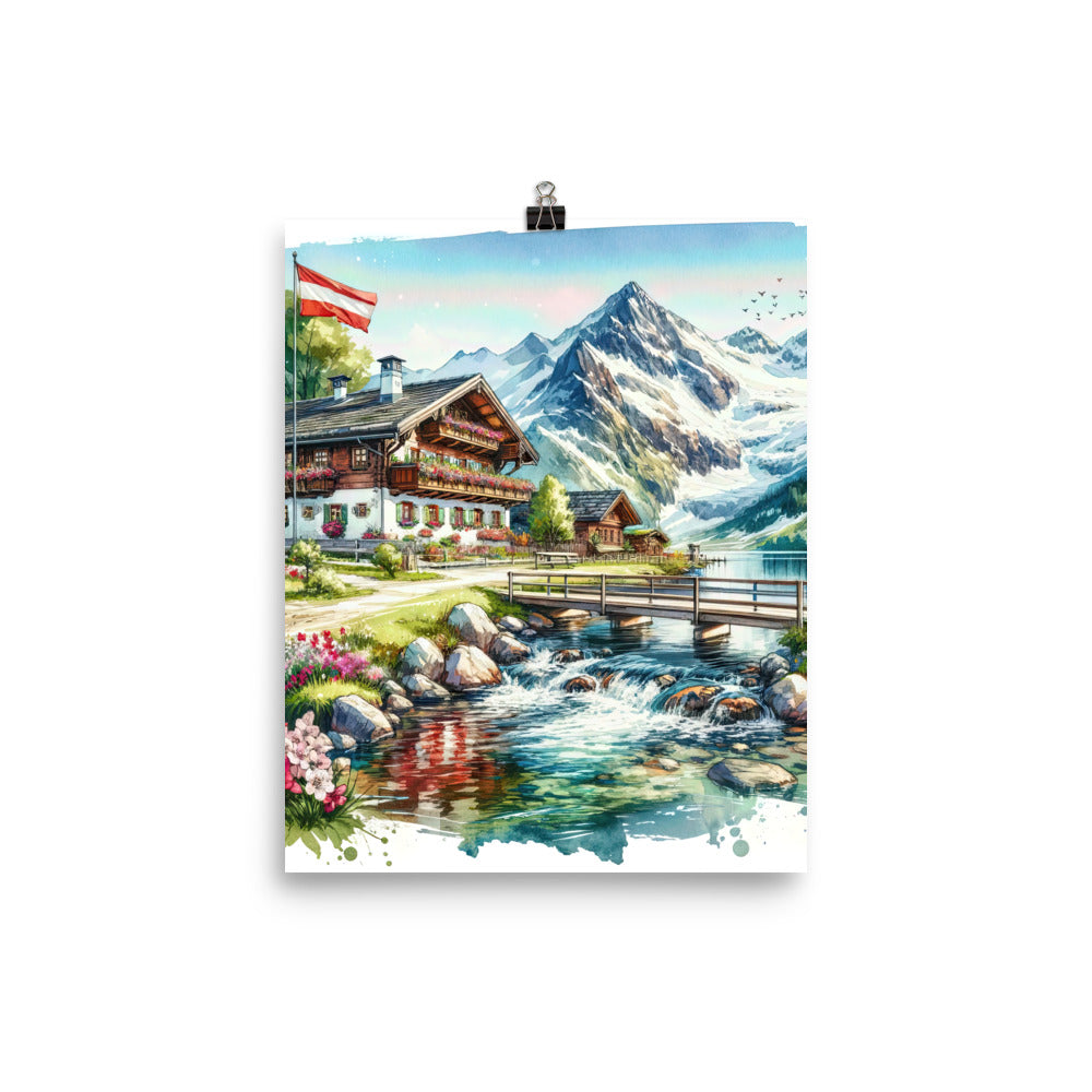 Aquarell der frühlingshaften Alpenkette mit österreichischer Flagge und schmelzendem Schnee - Poster berge xxx yyy zzz 20.3 x 25.4 cm