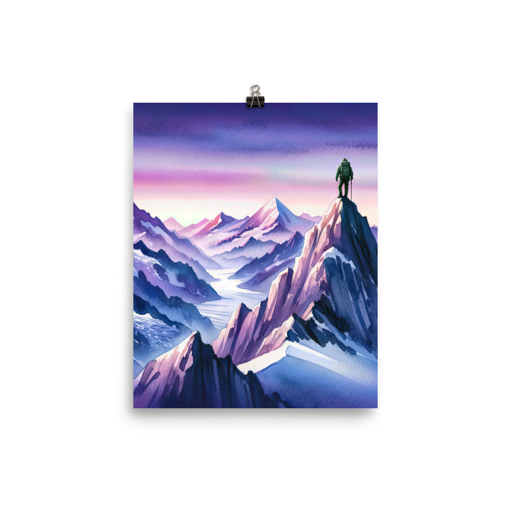 Aquarell eines Bergsteigers auf einem Alpengipfel in der Abenddämmerung - Poster wandern xxx yyy zzz 20.3 x 25.4 cm