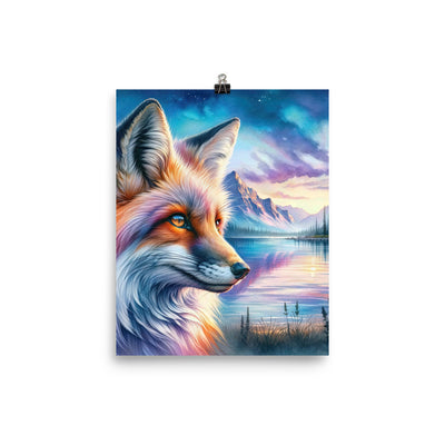 Aquarellporträt eines Fuchses im Dämmerlicht am Bergsee - Poster camping xxx yyy zzz 20.3 x 25.4 cm