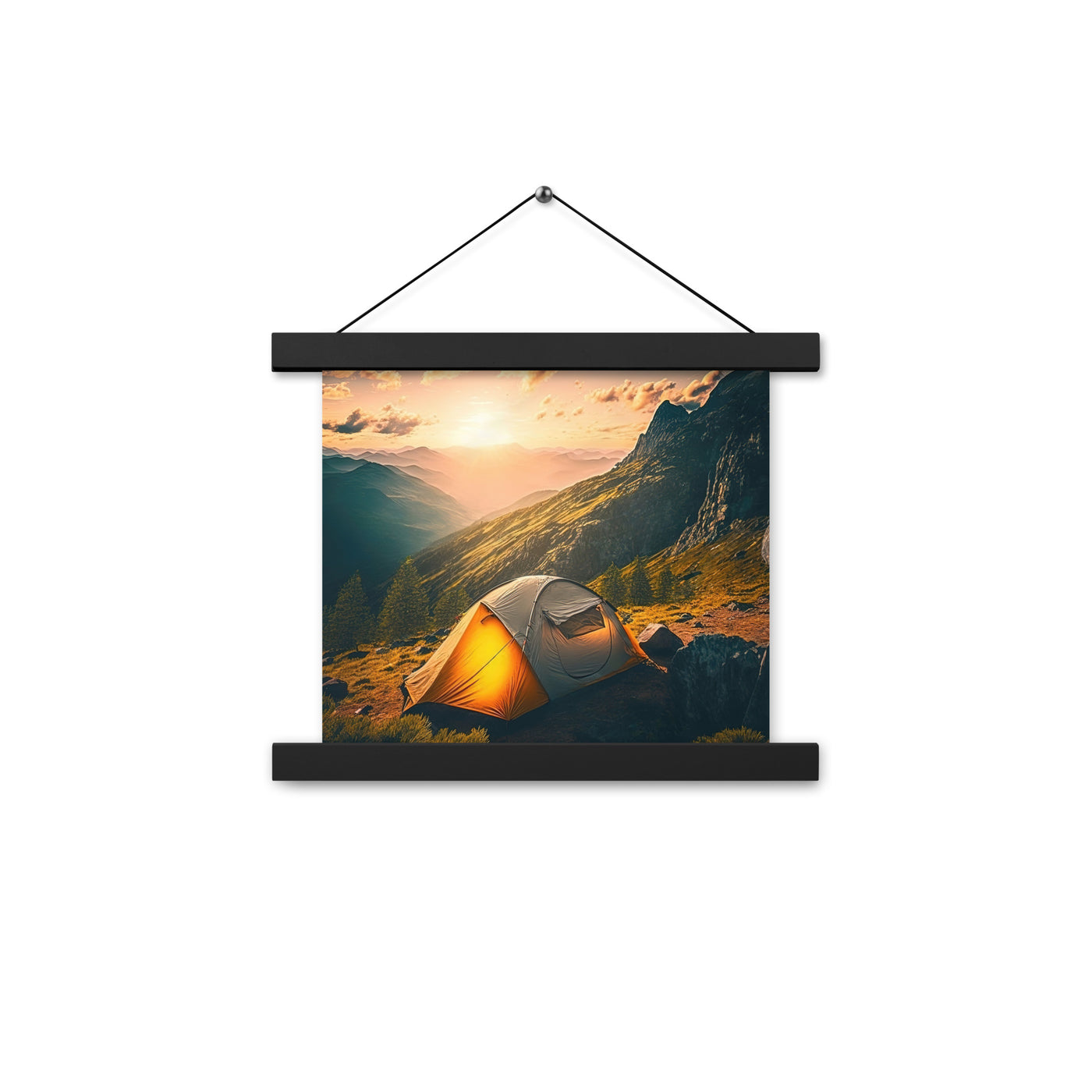 Zelt auf Berg im Sonnenaufgang - Landschafts - Premium Poster mit Aufhängung camping xxx 25.4 x 25.4 cm