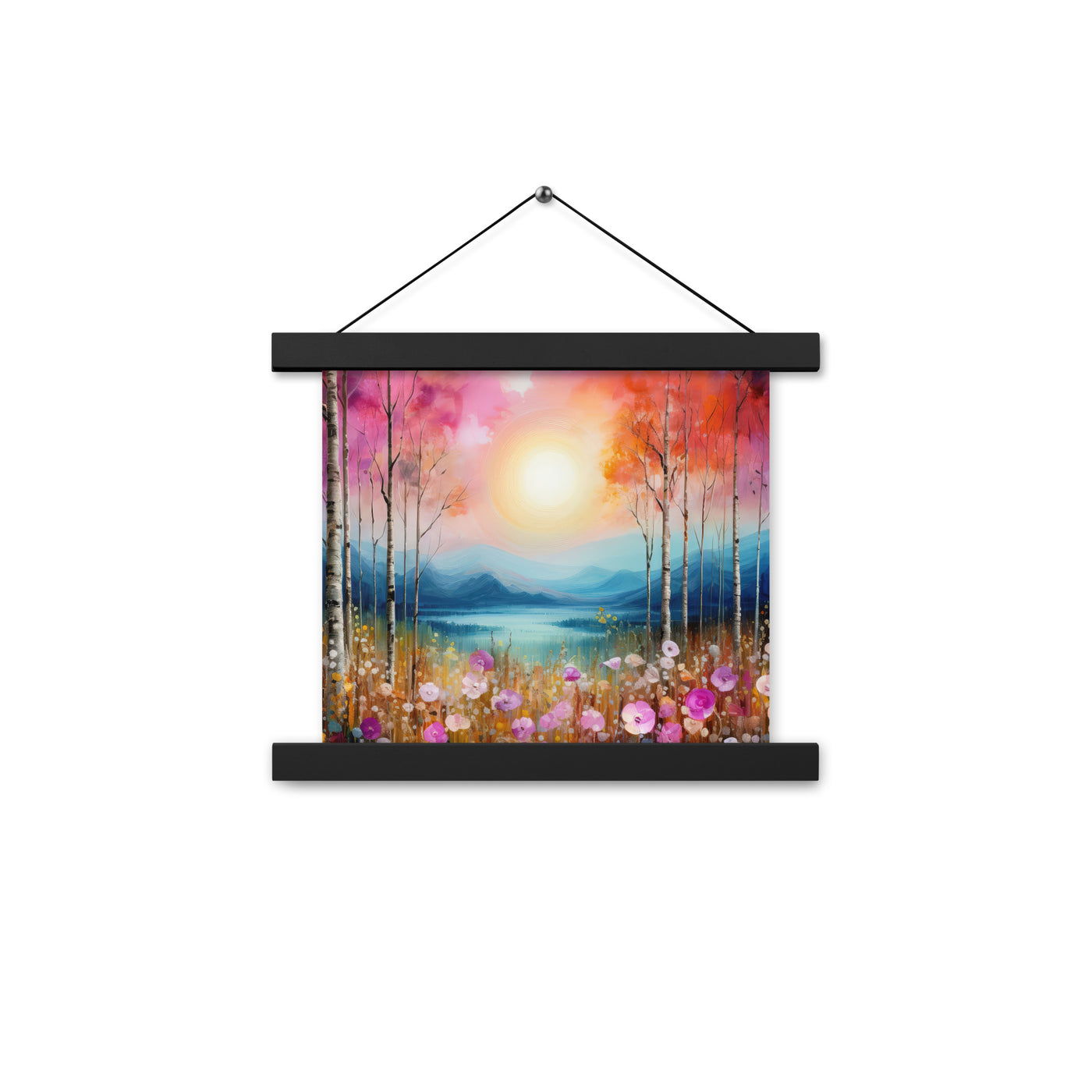 Berge, See, pinke Bäume und Blumen - Malerei - Premium Poster mit Aufhängung berge xxx 25.4 x 25.4 cm