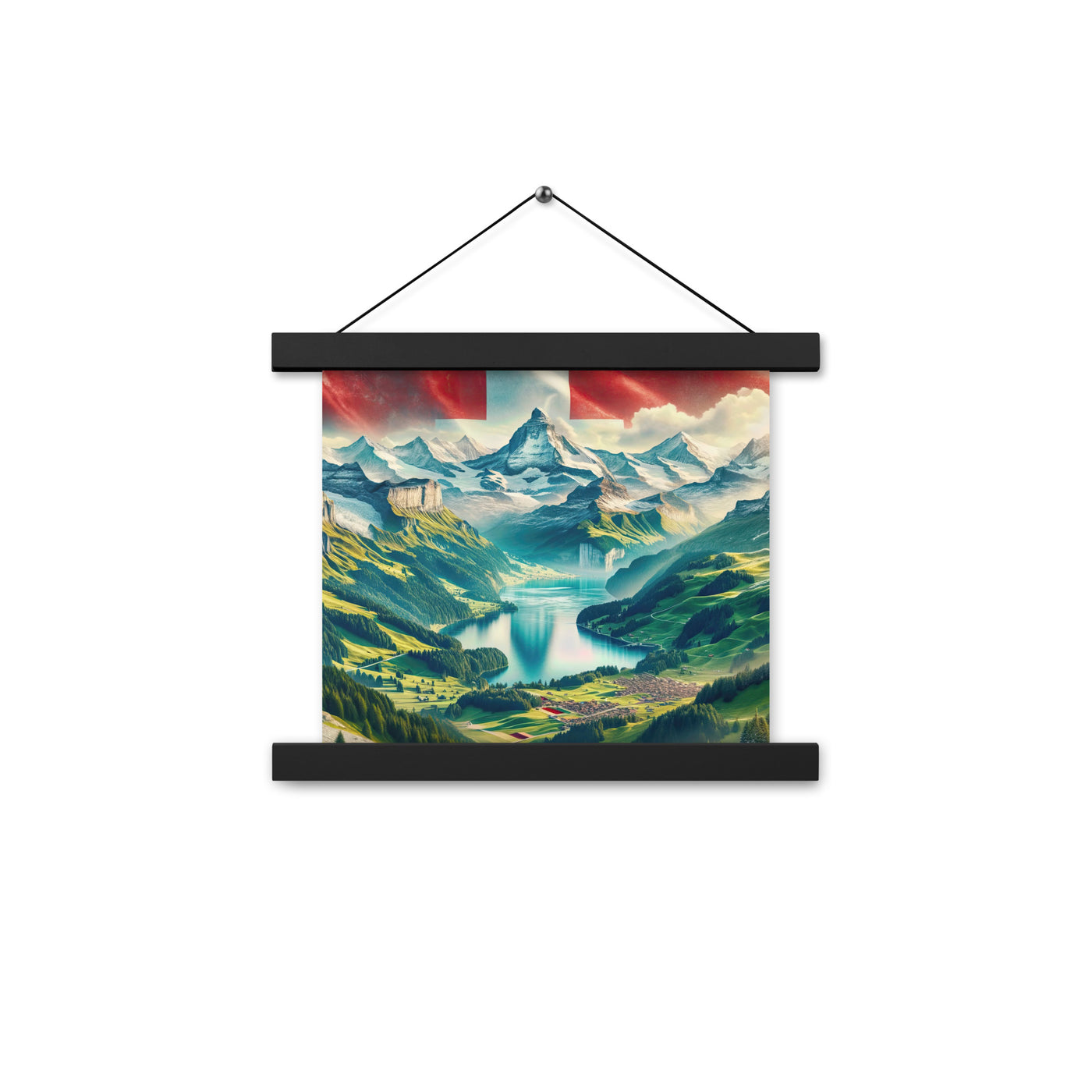 Berg Panorama: Schneeberge und Täler mit Schweizer Flagge - Premium Poster mit Aufhängung berge xxx yyy zzz 25.4 x 25.4 cm