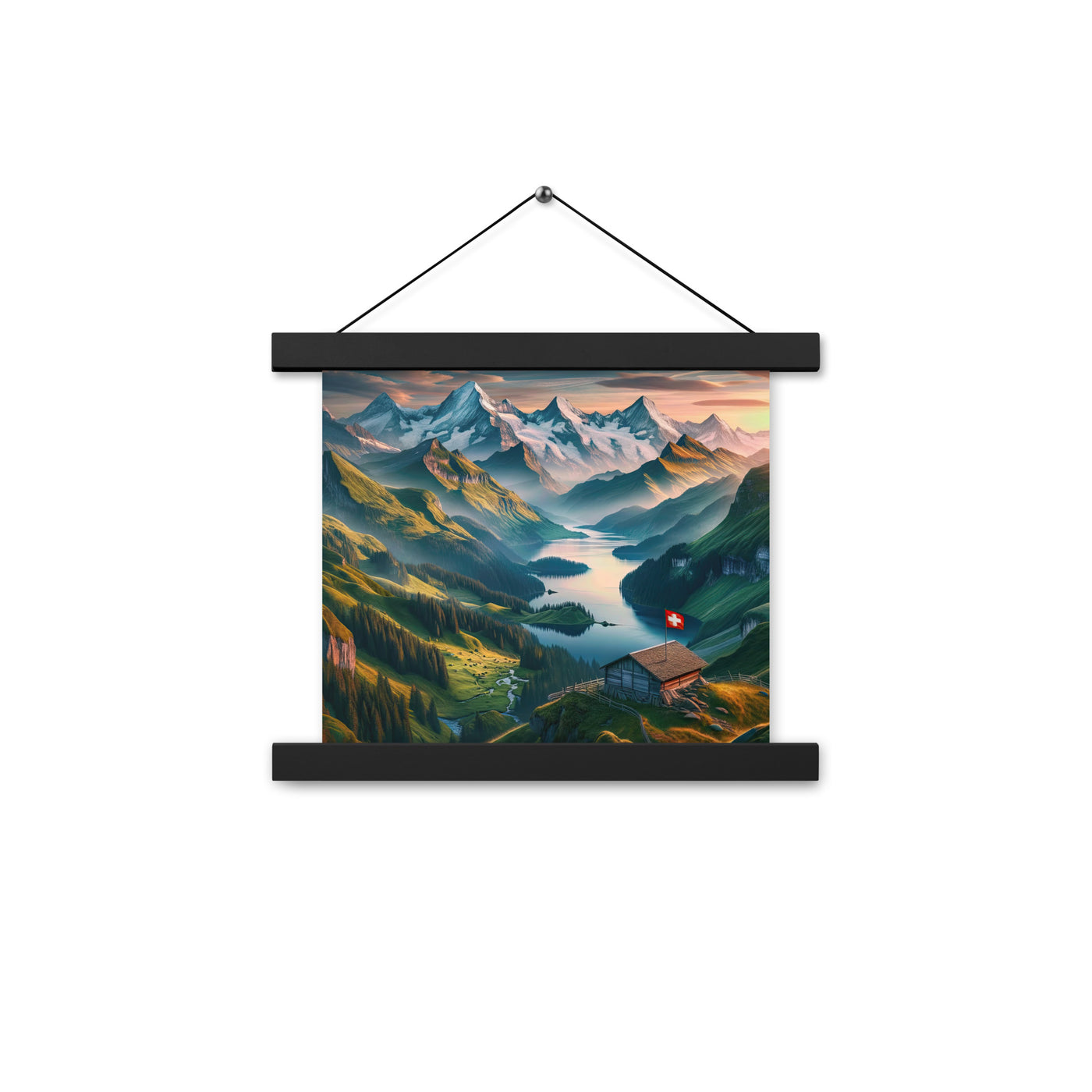 Schweizer Flagge, Alpenidylle: Dämmerlicht, epische Berge und stille Gewässer - Premium Poster mit Aufhängung berge xxx yyy zzz 25.4 x 25.4 cm