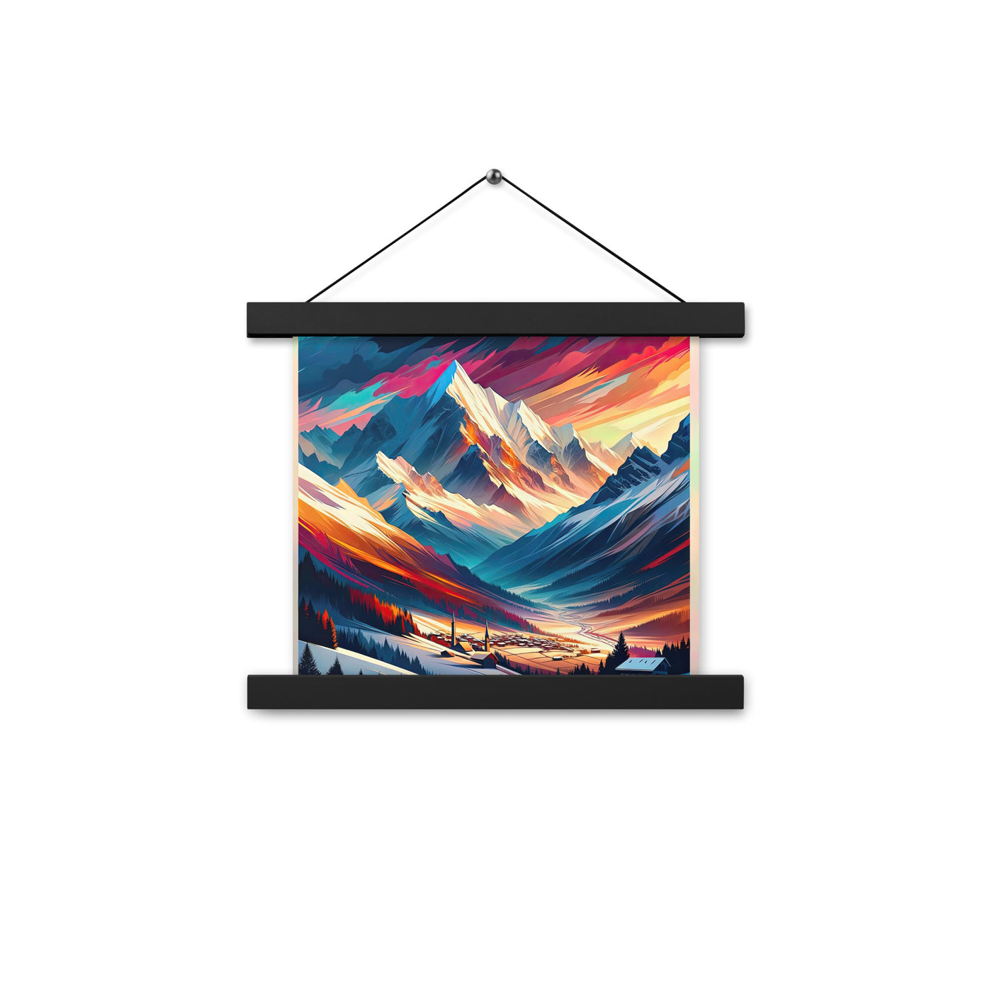 Moderne geometrische Alpen Kunst: Warmer Sonnenuntergangs Schein auf Schneegipfeln - Premium Poster mit Aufhängung berge xxx yyy zzz 25.4 x 25.4 cm