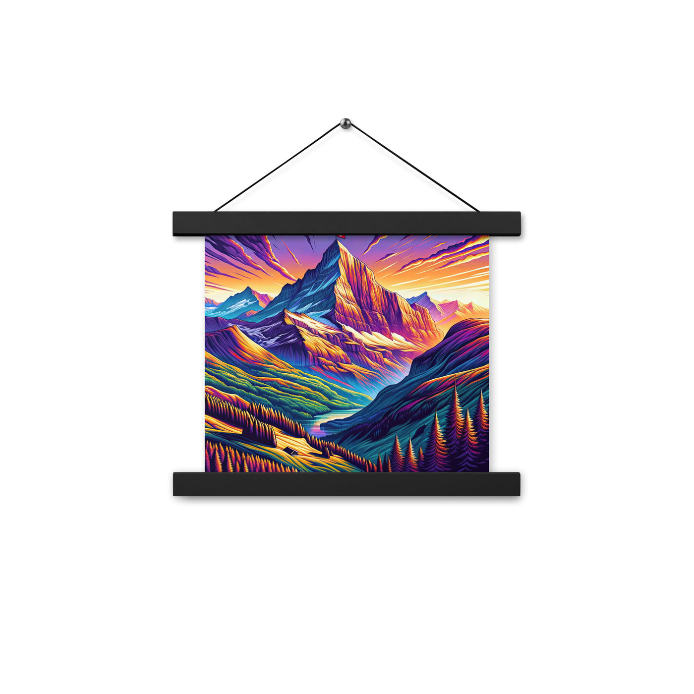 Bergpracht mit Schweizer Flagge: Farbenfrohe Illustration einer Berglandschaft - Premium Poster mit Aufhängung berge xxx yyy zzz 25.4 x 25.4 cm