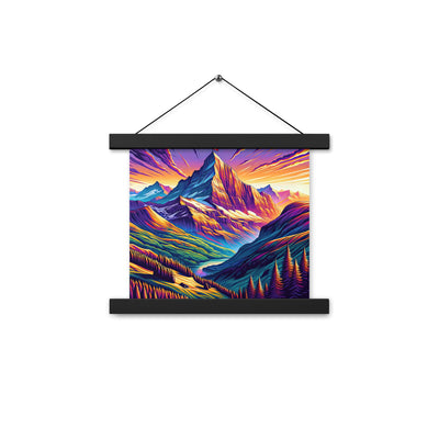 Bergpracht mit Schweizer Flagge: Farbenfrohe Illustration einer Berglandschaft - Premium Poster mit Aufhängung berge xxx yyy zzz 25.4 x 25.4 cm
