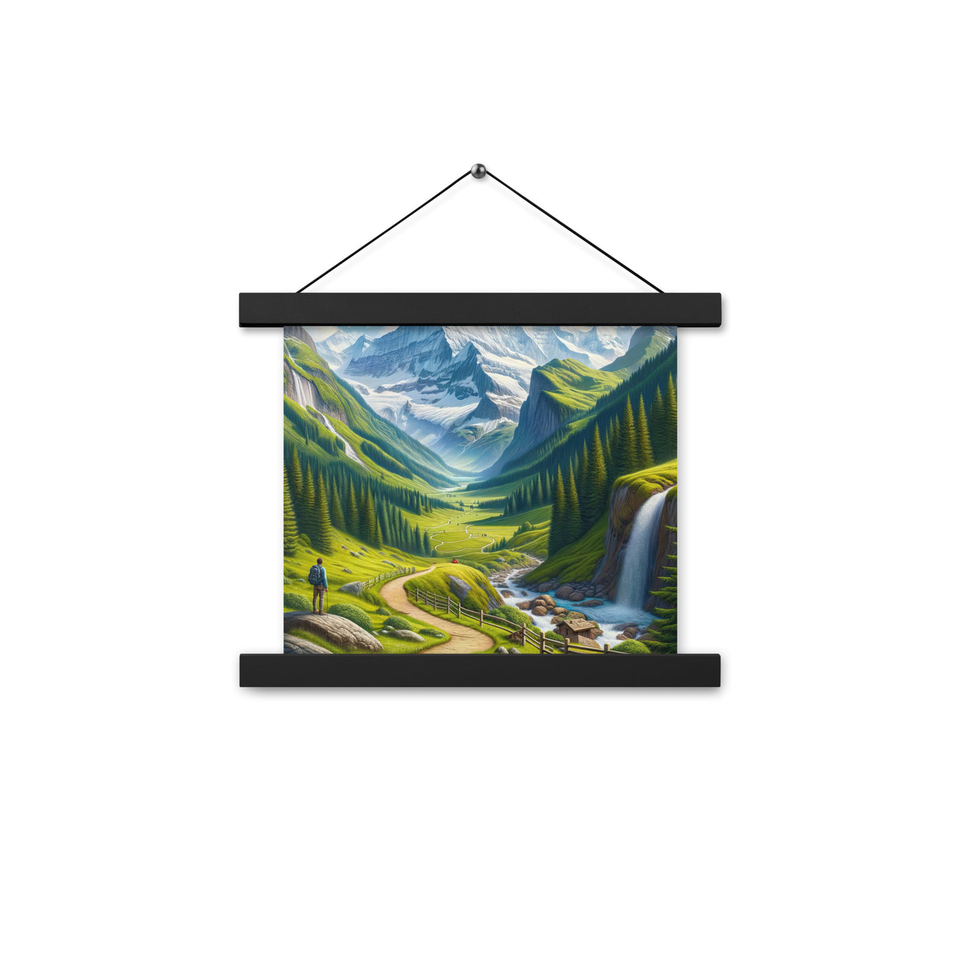 Wanderer in den Bergen und Wald: Digitale Malerei mit grünen kurvenreichen Pfaden - Premium Poster mit Aufhängung wandern xxx yyy zzz 25.4 x 25.4 cm