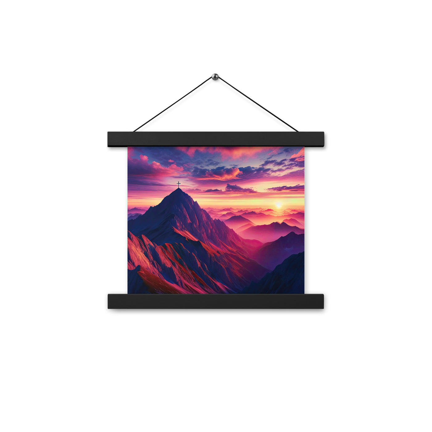 Dramatischer Alpen-Sonnenaufgang, Gipfelkreuz und warme Himmelsfarben - Premium Poster mit Aufhängung berge xxx yyy zzz 25.4 x 25.4 cm