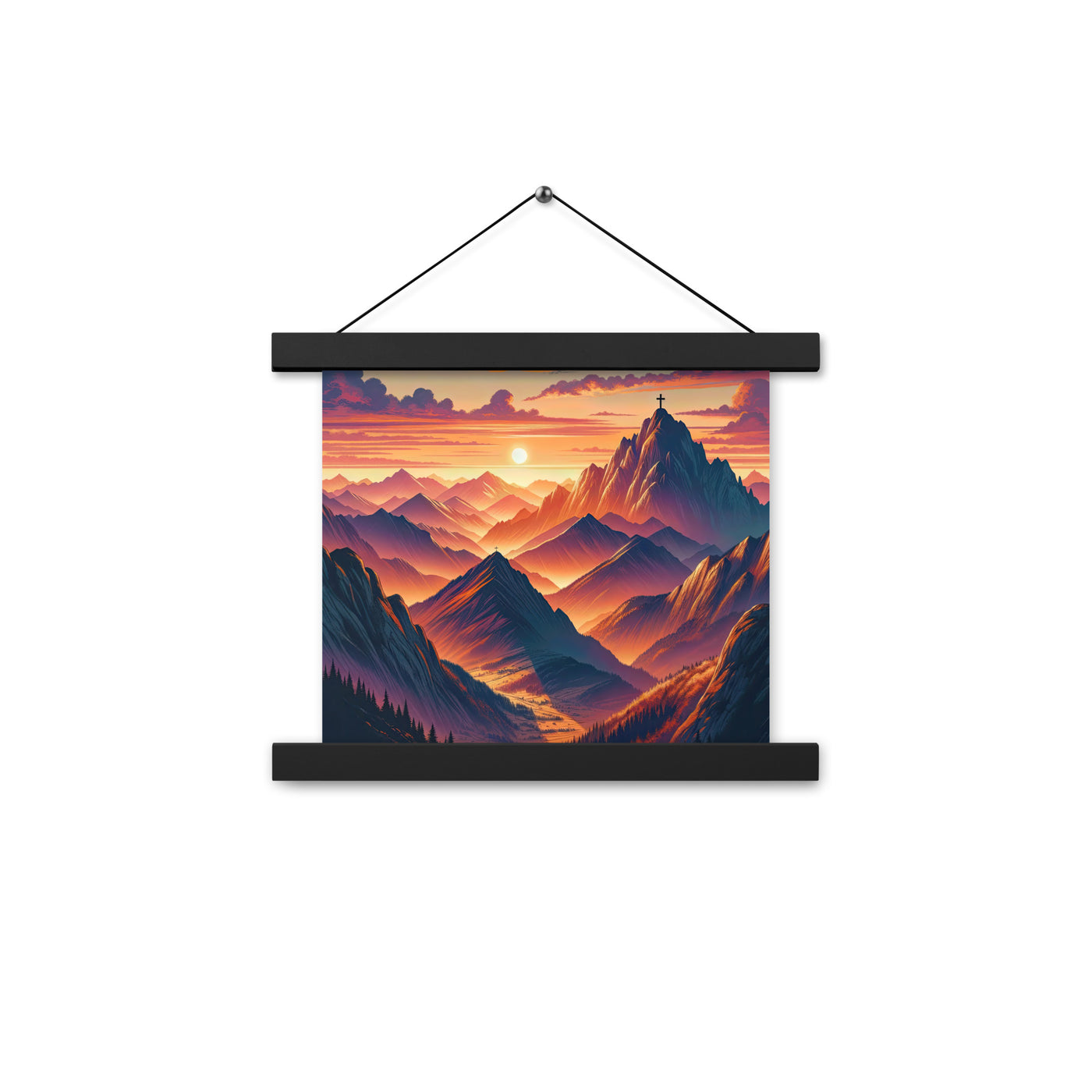 Dramatischer Alpen-Sonnenuntergang, Gipfelkreuz in Orange-Rosa - Premium Poster mit Aufhängung berge xxx yyy zzz 25.4 x 25.4 cm