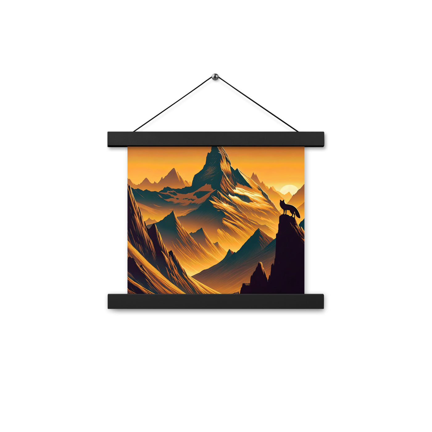 Fuchs in Alpen-Sonnenuntergang, goldene Berge und tiefe Täler - Premium Poster mit Aufhängung camping xxx yyy zzz 25.4 x 25.4 cm