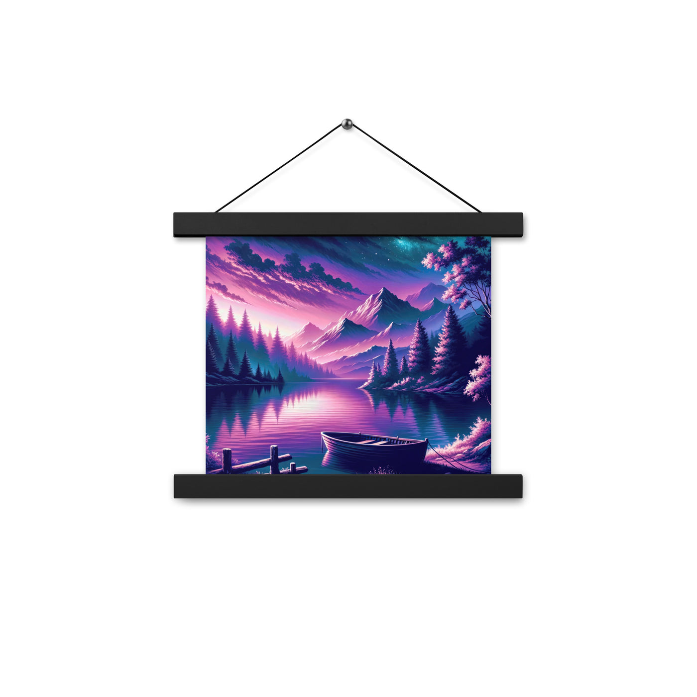 Magische Alpen-Dämmerung, rosa-lila Himmel und Bergsee mit Boot - Premium Poster mit Aufhängung berge xxx yyy zzz 25.4 x 25.4 cm