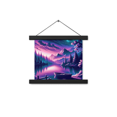 Magische Alpen-Dämmerung, rosa-lila Himmel und Bergsee mit Boot - Premium Poster mit Aufhängung berge xxx yyy zzz 25.4 x 25.4 cm