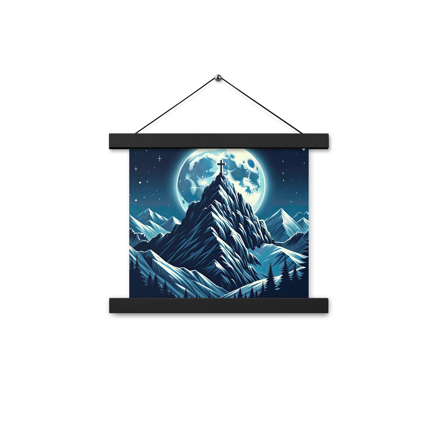 Mondnacht und Gipfelkreuz in den Alpen, glitzernde Schneegipfel - Premium Poster mit Aufhängung berge xxx yyy zzz 25.4 x 25.4 cm