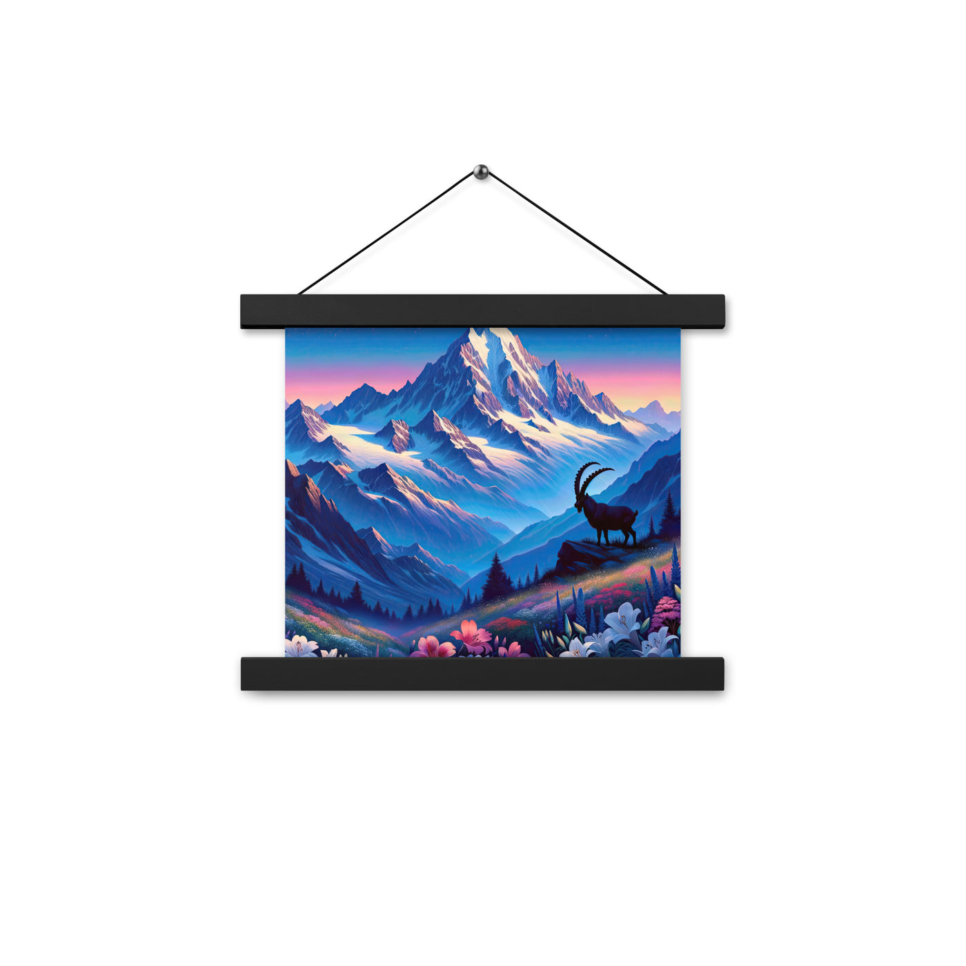 Steinbock bei Dämmerung in den Alpen, sonnengeküsste Schneegipfel - Premium Poster mit Aufhängung berge xxx yyy zzz 25.4 x 25.4 cm