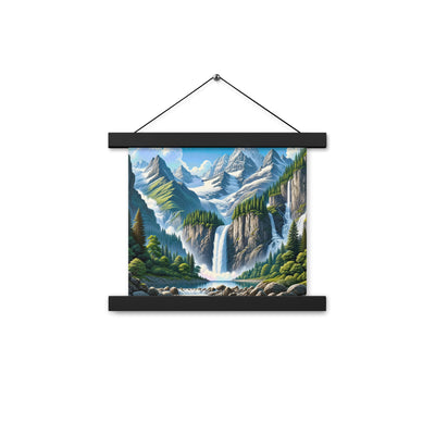 Illustration einer unberührten Alpenkulisse im Hochsommer. Wasserfall und See - Premium Poster mit Aufhängung berge xxx yyy zzz 25.4 x 25.4 cm