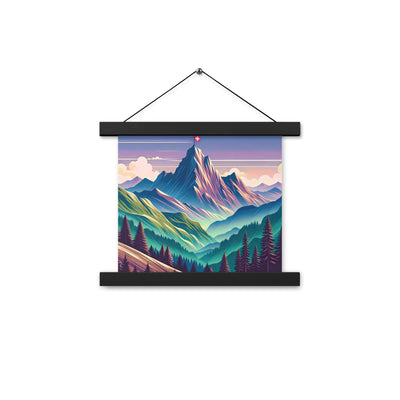 Harmonische Berglandschaft mit Schweizer Flagge auf Gipfel - Premium Poster mit Aufhängung berge xxx yyy zzz 25.4 x 25.4 cm
