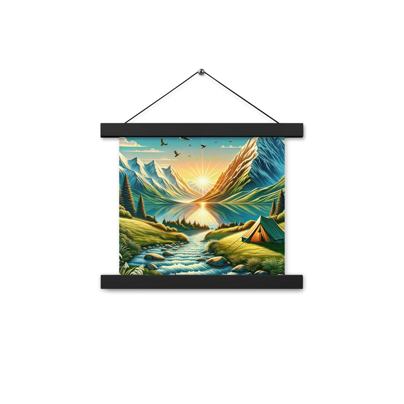 Zelt im Alpenmorgen mit goldenem Licht, Schneebergen und unberührten Seen - Premium Poster mit Aufhängung berge xxx yyy zzz 25.4 x 25.4 cm