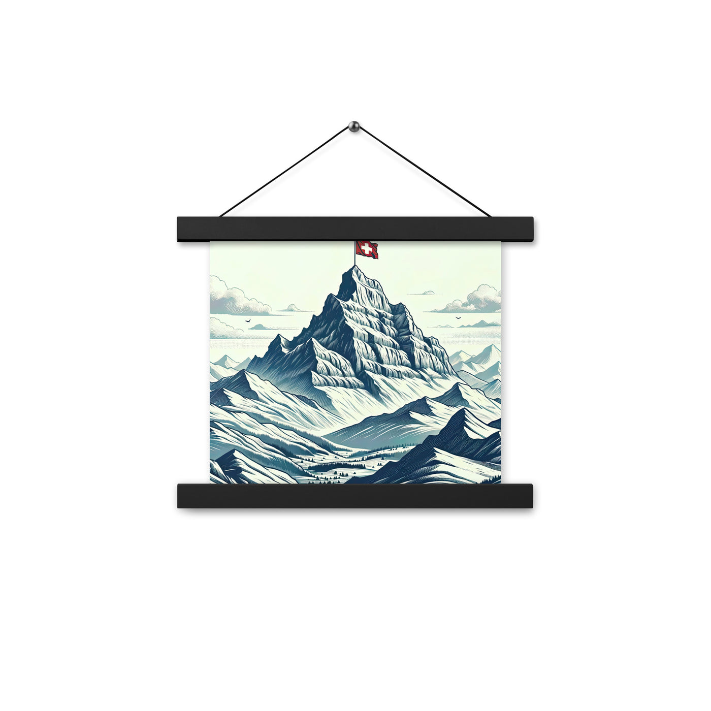 Ausgedehnte Bergkette mit dominierendem Gipfel und wehender Schweizer Flagge - Premium Poster mit Aufhängung berge xxx yyy zzz 25.4 x 25.4 cm