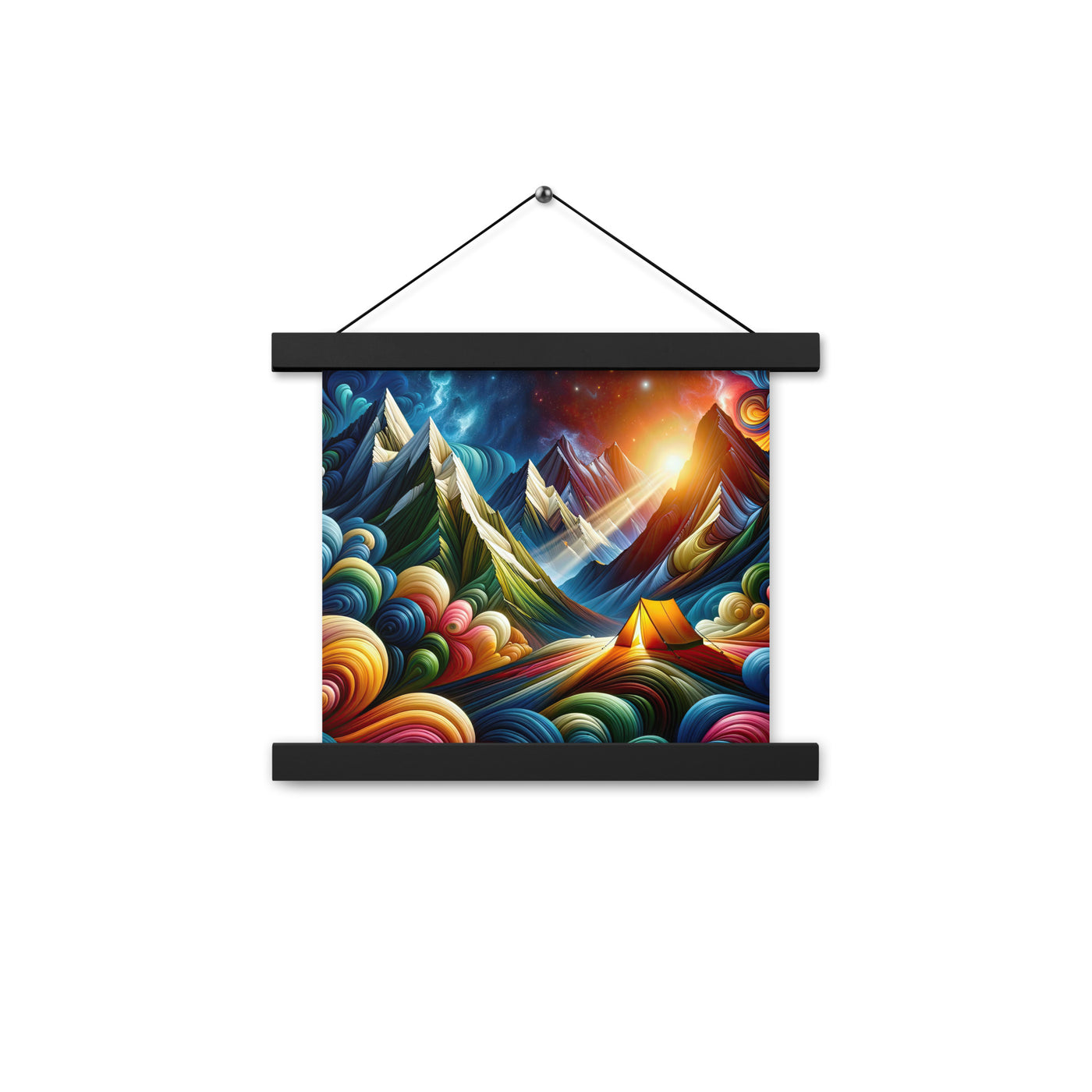 Abstrakte Bergwelt in lebendigen Farben mit Zelt - Premium Poster mit Aufhängung camping xxx yyy zzz 25.4 x 25.4 cm