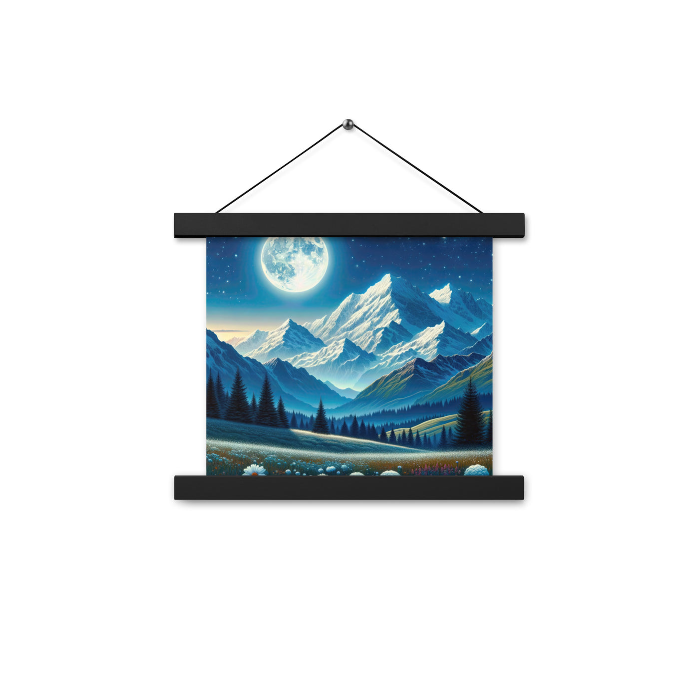 Klare frühlingshafte Alpennacht mit Blumen und Vollmond über Schneegipfeln - Premium Poster mit Aufhängung berge xxx yyy zzz 25.4 x 25.4 cm