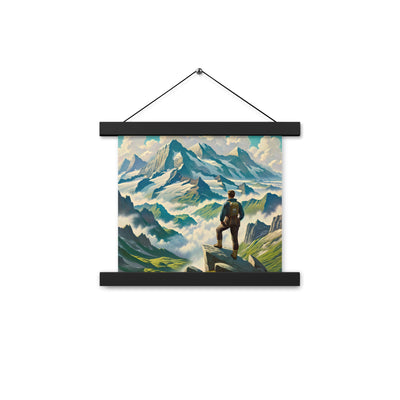 Panoramablick der Alpen mit Wanderer auf einem Hügel und schroffen Gipfeln - Premium Poster mit Aufhängung wandern xxx yyy zzz 25.4 x 25.4 cm