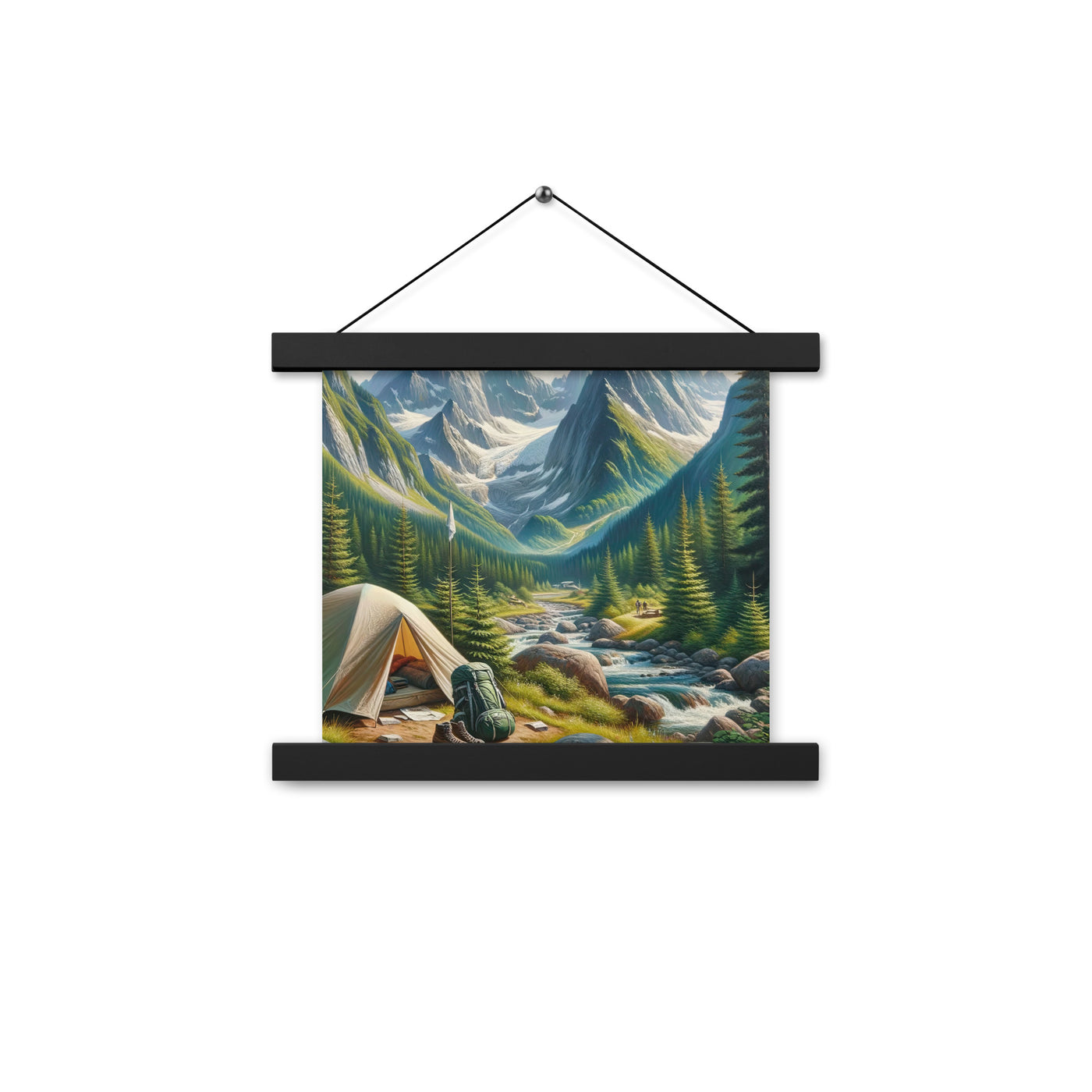 Ölgemälde der Alpensommerlandschaft mit Zelt, Gipfeln, Wäldern und Bächen - Premium Poster mit Aufhängung camping xxx yyy zzz 25.4 x 25.4 cm