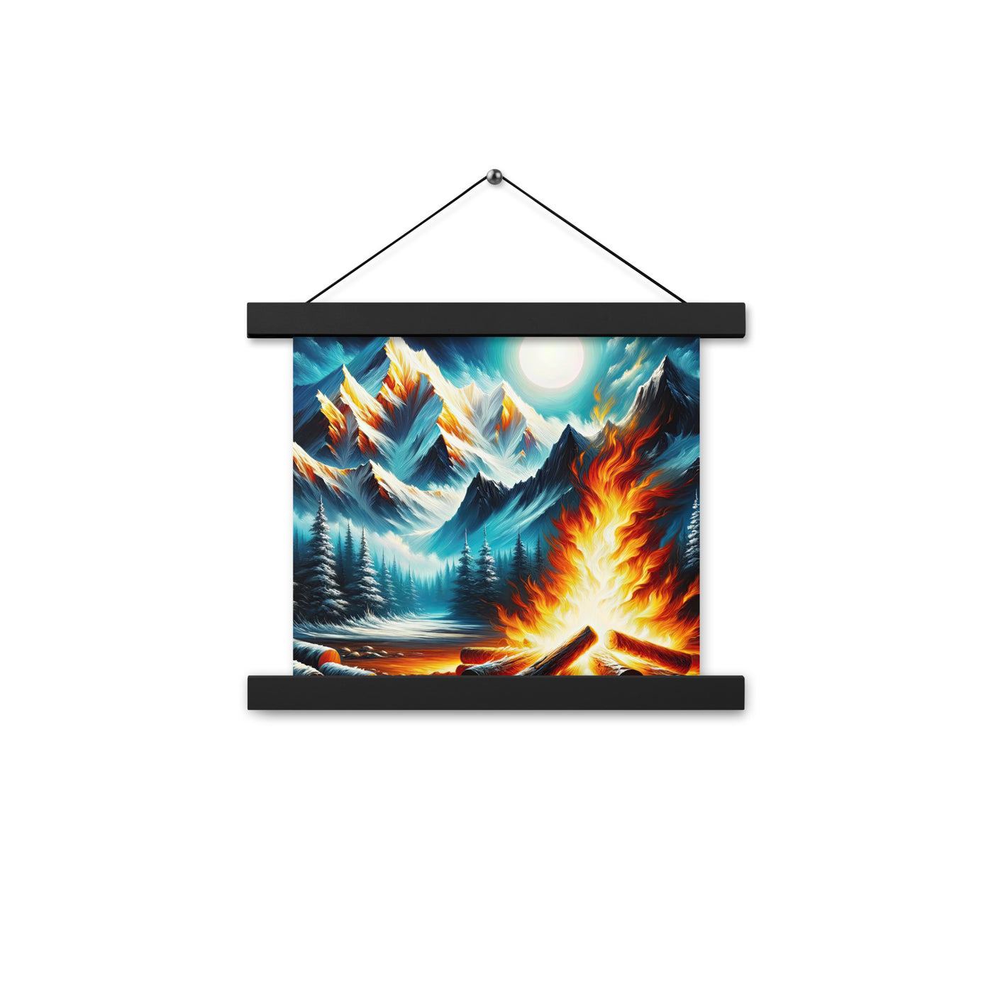 Ölgemälde von Feuer und Eis: Lagerfeuer und Alpen im Kontrast, warme Flammen - Premium Poster mit Aufhängung camping xxx yyy zzz 25.4 x 25.4 cm