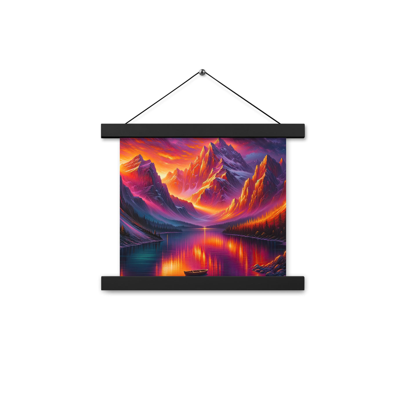 Ölgemälde eines Bootes auf einem Bergsee bei Sonnenuntergang, lebendige Orange-Lila Töne - Premium Poster mit Aufhängung berge xxx yyy zzz 25.4 x 25.4 cm