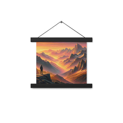 Ölgemälde der Alpen in der goldenen Stunde mit Wanderer, Orange-Rosa Bergpanorama - Premium Poster mit Aufhängung wandern xxx yyy zzz 25.4 x 25.4 cm