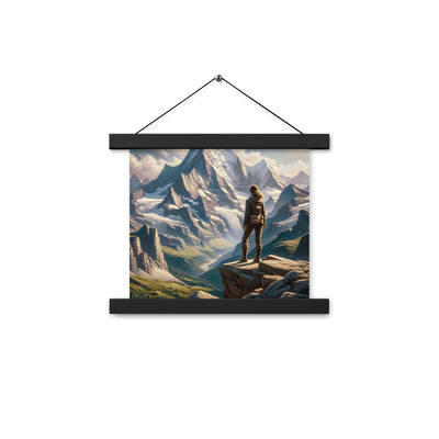 Ölgemälde der Alpengipfel mit Schweizer Abenteurerin auf Felsvorsprung - Premium Poster mit Aufhängung wandern xxx yyy zzz 25.4 x 25.4 cm
