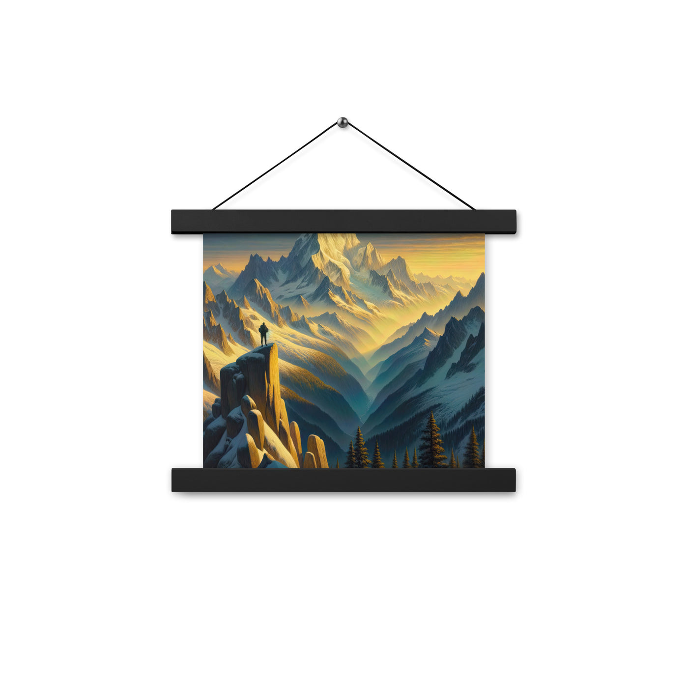 Ölgemälde eines Wanderers bei Morgendämmerung auf Alpengipfeln mit goldenem Sonnenlicht - Premium Poster mit Aufhängung wandern xxx yyy zzz 25.4 x 25.4 cm