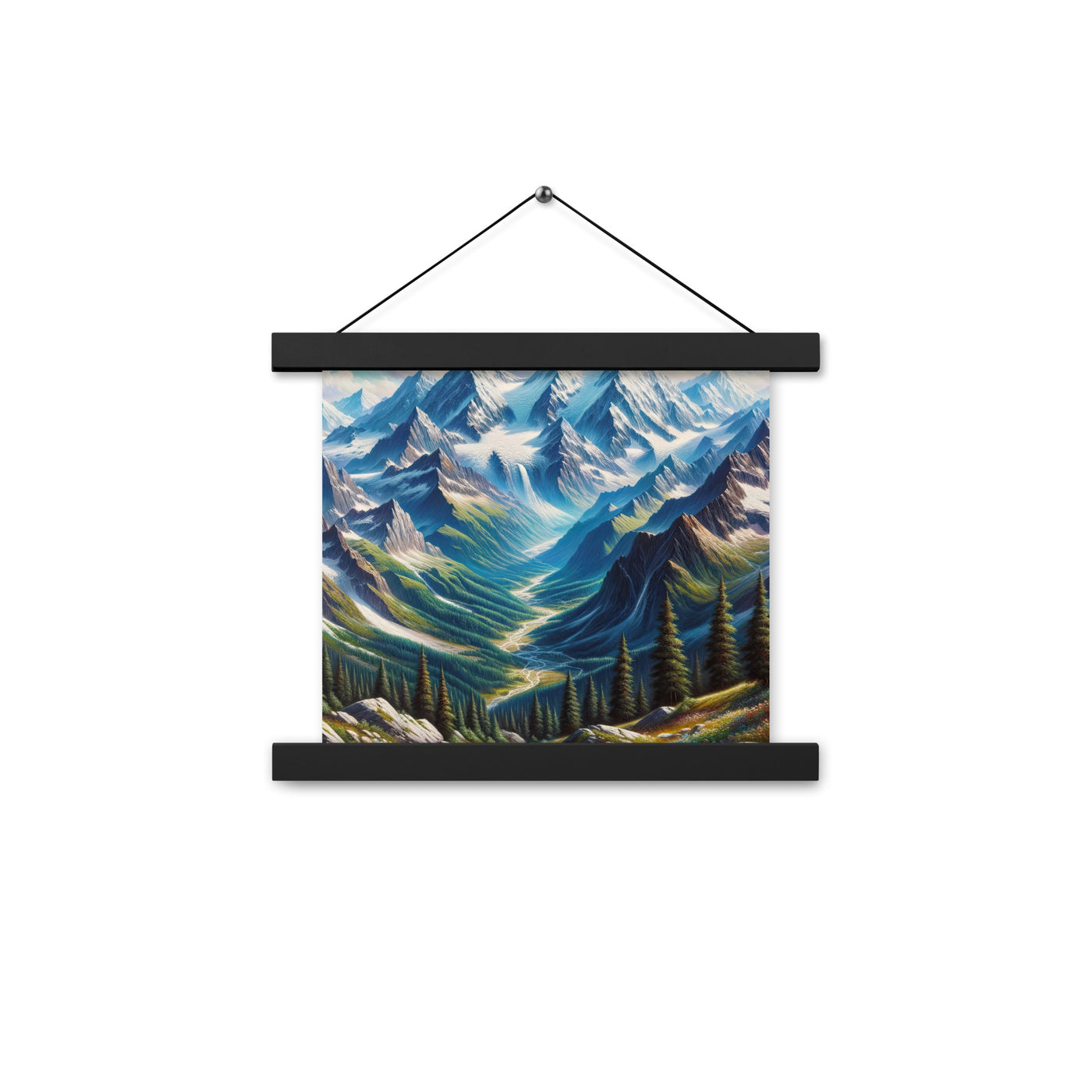 Panorama-Ölgemälde der Alpen mit schneebedeckten Gipfeln und schlängelnden Flusstälern - Premium Poster mit Aufhängung berge xxx yyy zzz 25.4 x 25.4 cm