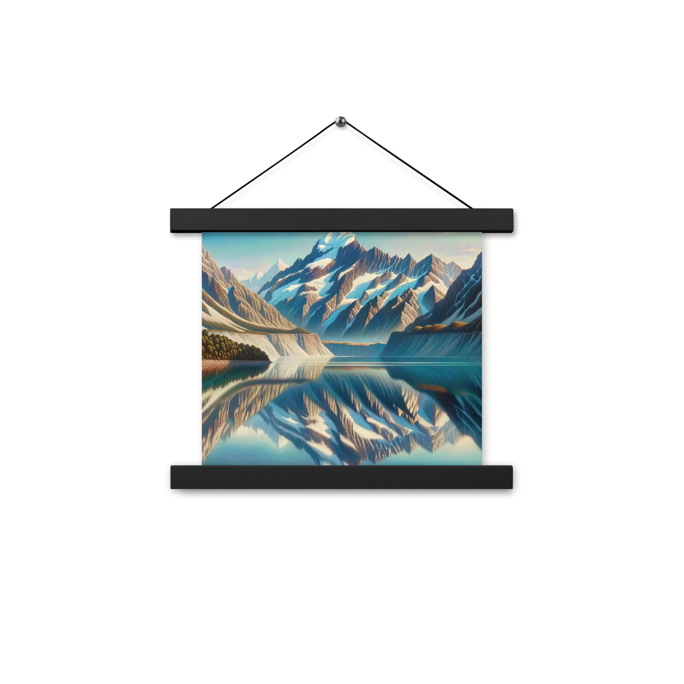 Ölgemälde eines unberührten Sees, der die Bergkette spiegelt - Premium Poster mit Aufhängung berge xxx yyy zzz 25.4 x 25.4 cm